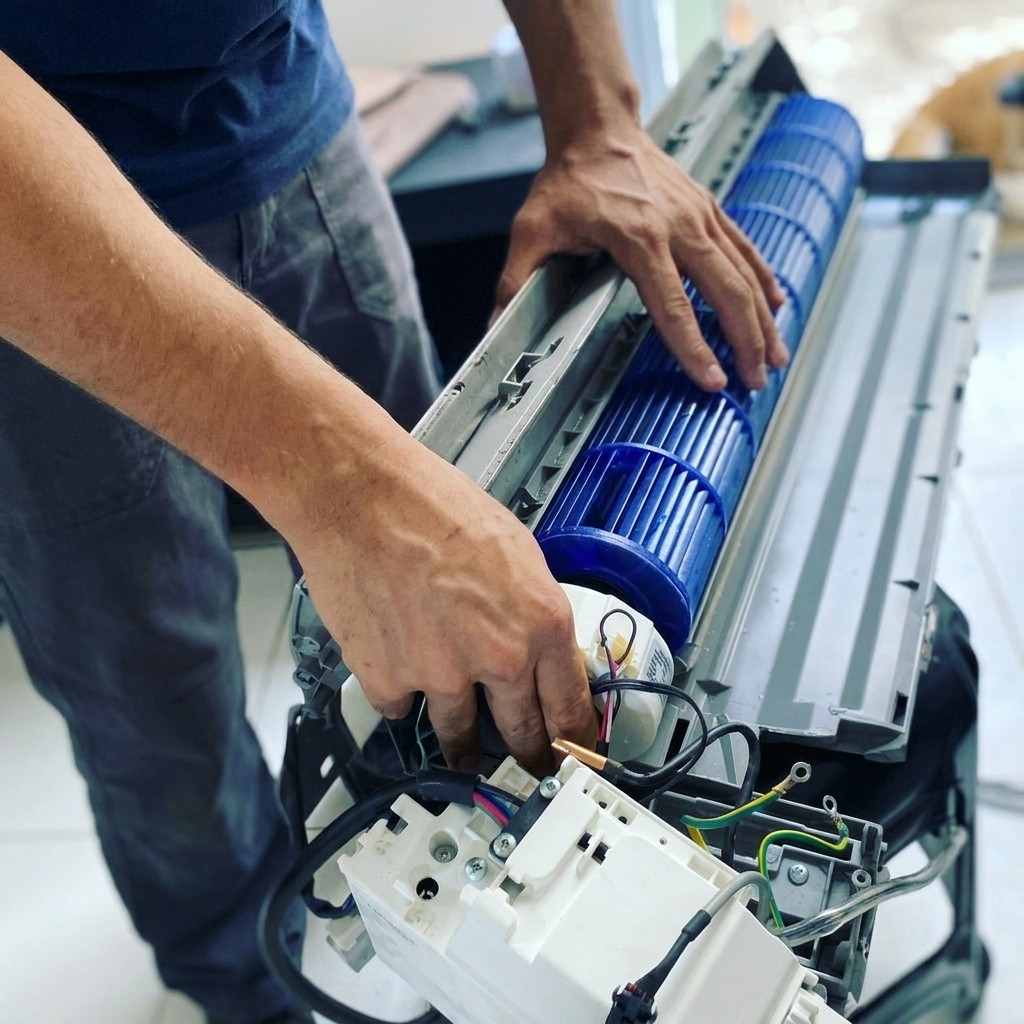 Técnico em manutenção de ar-condicionado split, ajustando ventoinha e componentes internos