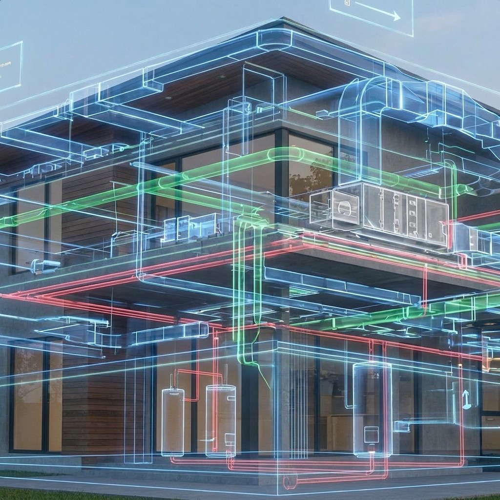 Visualização técnica de projeto de climatização: planta arquitetônica com dutos, tubulações e equipamentos HVAC