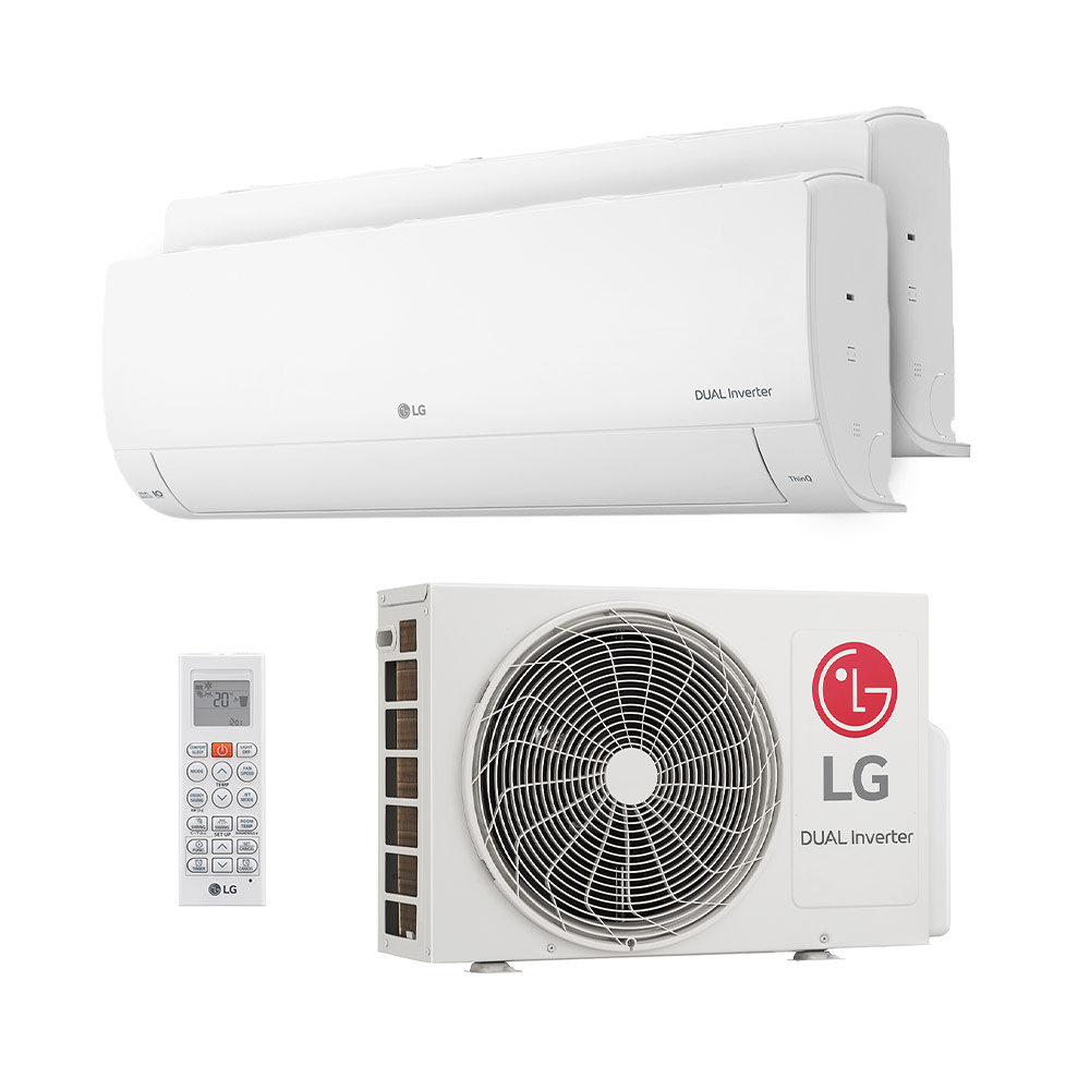 Conjunto ar-condicionado LG Dual Inverter bi-split: evaporadoras de parede, condensadora e controle remoto